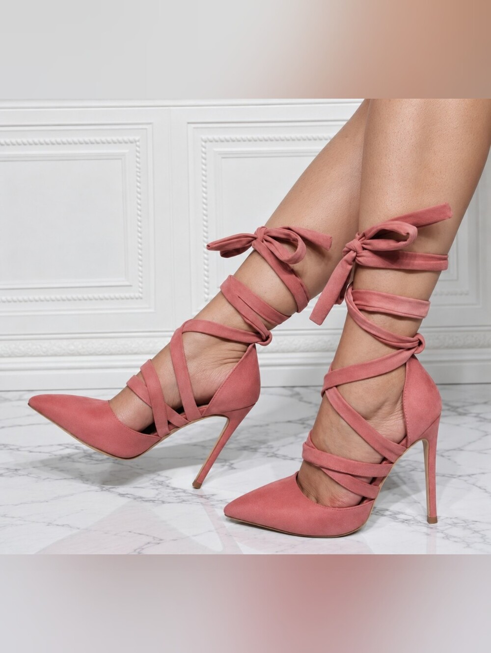 Anne Michelle "RISEUP" Dusty Pink Lace-Up Stiletto Heels NWOB